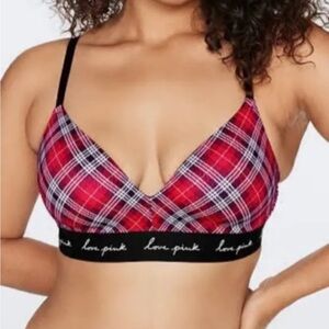 PINK Victoria's Secret Wear Everywhere Wireless Lightly Lined Red Plaid Bra. 34D